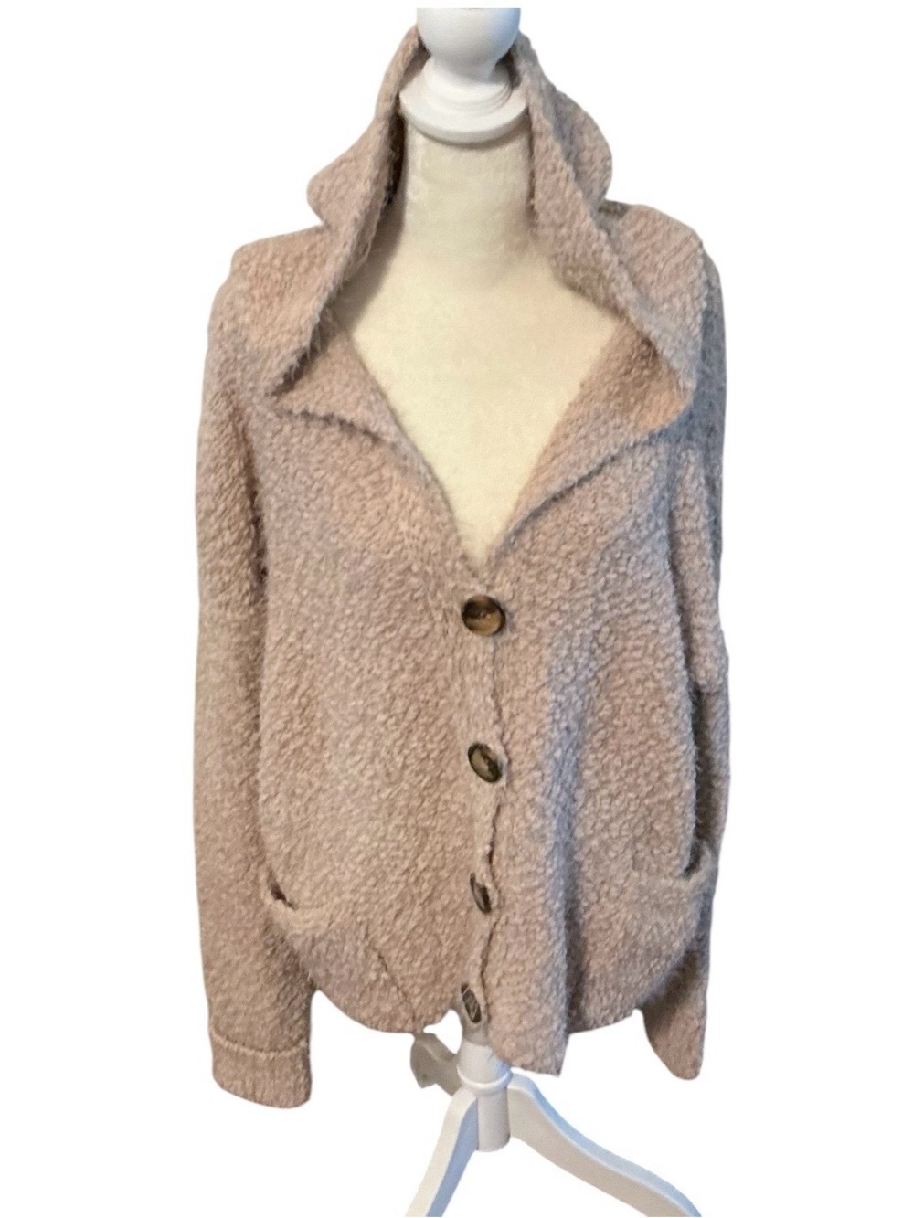 POL Beige Cream Hooded Bouclé Knit Cardigan Sweater Oversized Button Front